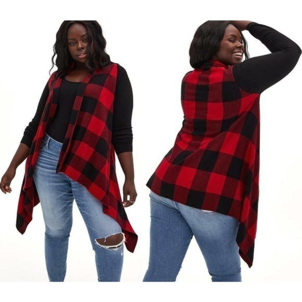 Torrid 5 (5X) Red/Black Buffalo Plaid Drape Front Long Sleeve Cardigan Sweater